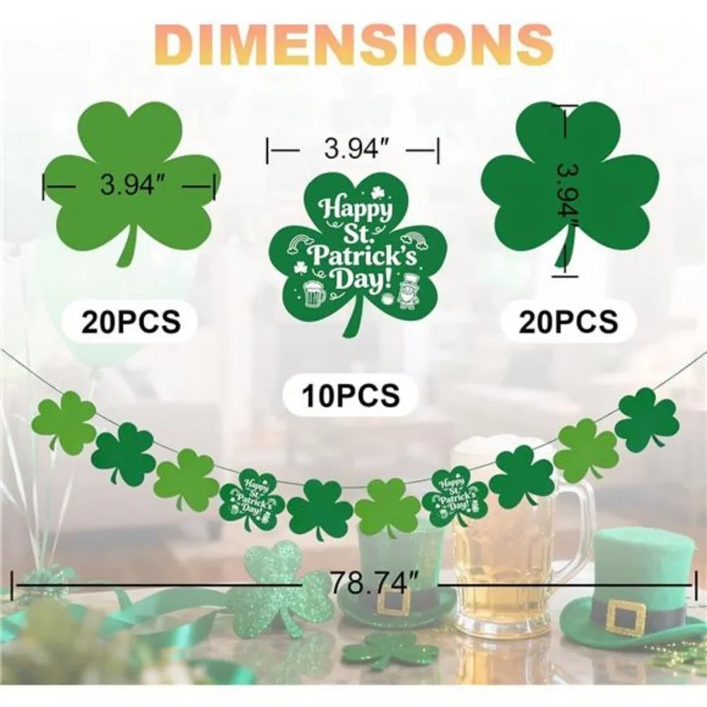 St Patricks Day Decorations 5 Pack Shamrock Clover Garland Banner - NO DIY